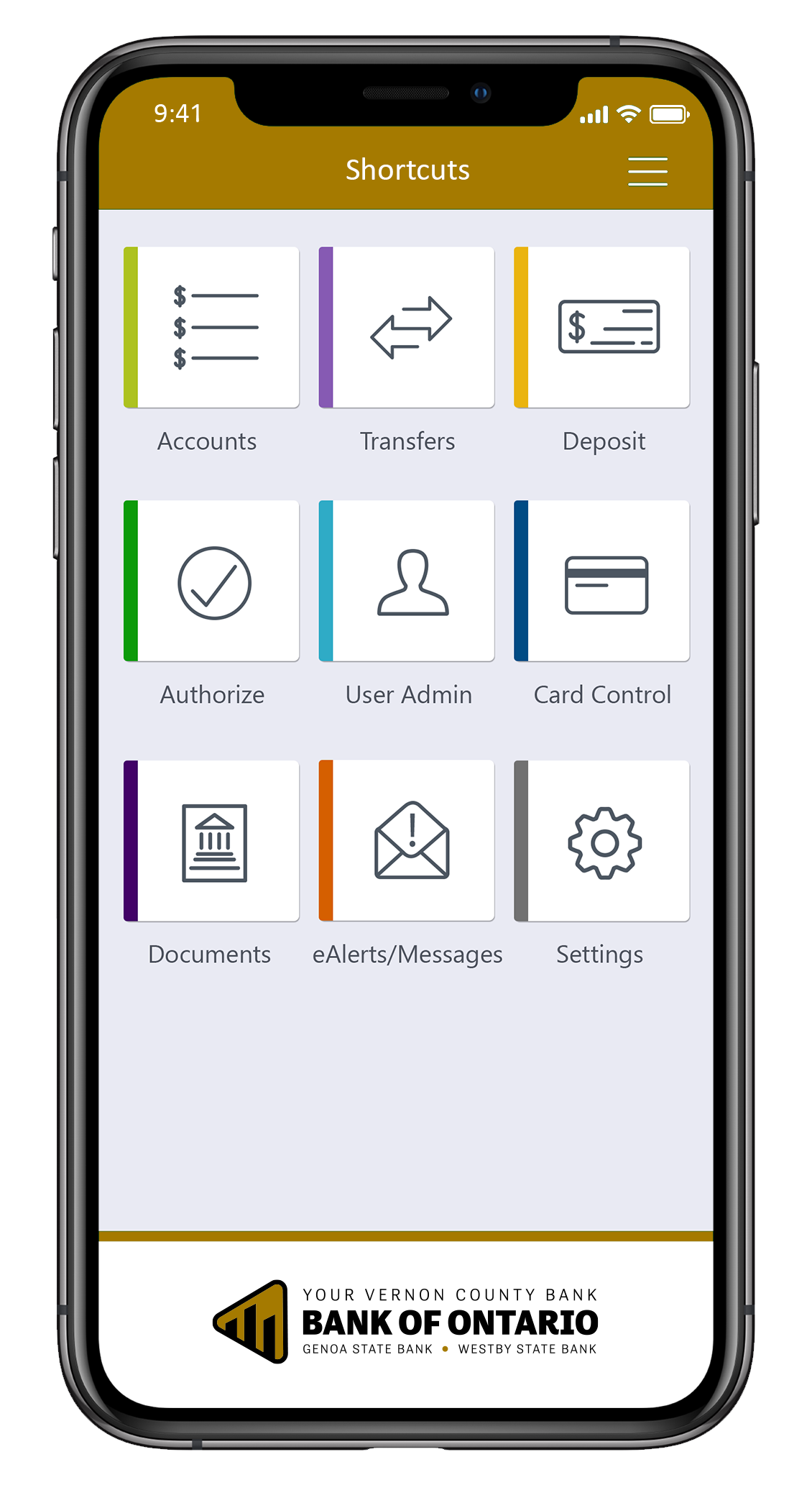 My Vernon County Bank Mobile App Shortcuts Screen